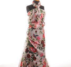 Šifon plise vzor růží/ptáčků růžový