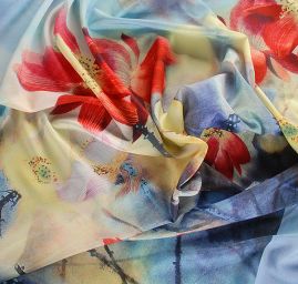 Krepdešín tisk motiv velkých květů modrý/zelený