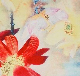 Krepdešín tisk motiv velkých květů modrý/zelený