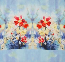 Krepdešín tisk motiv velkých květů modrý/zelený