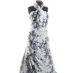 Krepdešín květy višní sv. modrý