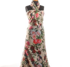 Šifon plise vzor růží/ptáčků šampáň