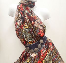 Viskozová šatová látka patchwork červenohnědý