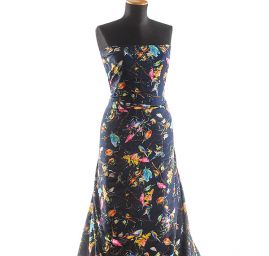 Krepdešín imitace hedvábí tisk ptáčci tm.modrý