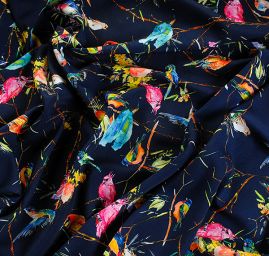 Krepdešín imitace hedvábí tisk ptáčci tm.modrý