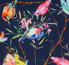 Krepdešín imitace hedvábí tisk ptáčci tm.modrý