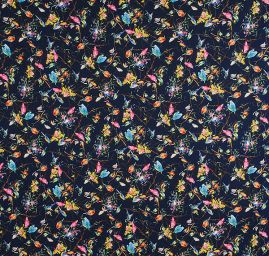 Krepdešín imitace hedvábí tisk ptáčci tm.modrý