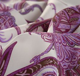 Hedvábný krepdešín paisley vzor exotický motiv páv