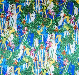 Hedvábný satén exotický motiv/papoušek
