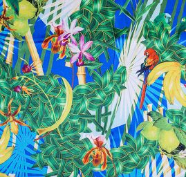 Hedvábný satén exotický motiv/papoušek