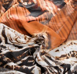 Šifon jemný zvířecí motiv dpolněn květy hnědá