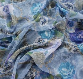 Šifon romantický motiv růží modrá