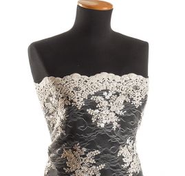 Krajka jemná výšivka na vzorovém tylu slonová kost/šampaň