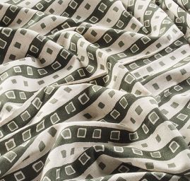 Lněná látka tisk motiv proužky/kostky zelená