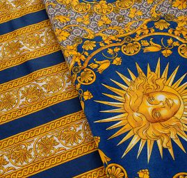 Exkluzivní bavlněný samet motiv slunce/amfora modrá