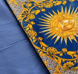 Exkluzivní bavlněný samet motiv slunce/amfora modrá