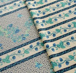 Bavlněný samet květinový motiv pruhy modrý