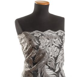 Krajka bordurová na tylu květy šedá