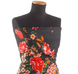 Krepsatén látka tisk květin černá