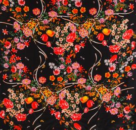 Krepsatén látka tisk květin černá