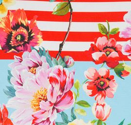 Krepdešín imitace hedvábí tisk proužky/kytičky modrý II.jakost