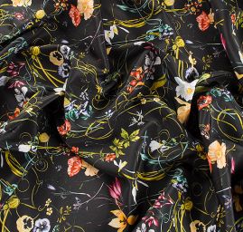 Krepsatén látka tisk luční květy černá