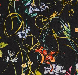 Krepsatén látka tisk luční květy černá