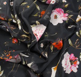 Hedvábný šifon motiv květin černý