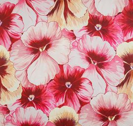 Saténová látka tisk velké květy macešky růžové