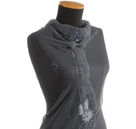 Exkluzivní výšivka na tylu bordura šedá/fialová