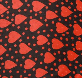 Hedvábný krepdešín červená srdíčka na černém