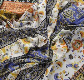 Viskozová šatová látka etno vzor proužek