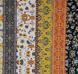 Viskozová šatová látka etno vzor proužek