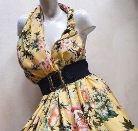 Imitace hedvábí pružný atlas květinový vzor  žlutá