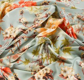 Imitace hedvábí pružný atlas květinový vzor  zelená