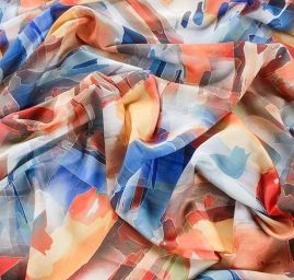 Viskozová šatová látka tisk abstrakt modrooranžová