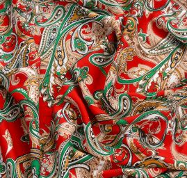 Viskozová šatová látka paisley vzor červená zelená