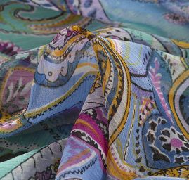 Šifon plise květinový paisley vzor modrý