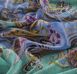 Šifon plise květinový paisley vzor modrý