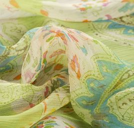 Šifon plise květinový paisley vzor sv.zelený