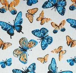 Žoržet vzor motýlci modrý/žlutohnědý