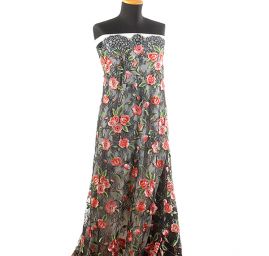 Krajka výšivka na vzorovém tylu barevné květy růže