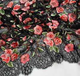 Krajka výšivka na vzorovém tylu barevné květy růže