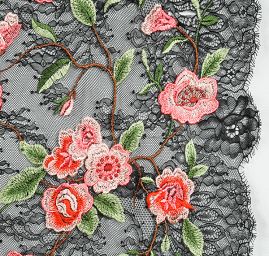 Krajka výšivka na vzorovém tylu barevné květy růže