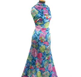 Atlas romantický vzor květin velký modrý