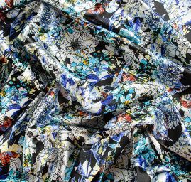 Atlas romantický motiv květin modrý