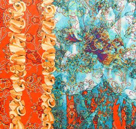 Atlas motiv fragmenty květin a listů červená/modrá