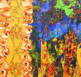 Atlas motiv fragmenty květin a listů fialová/khaki