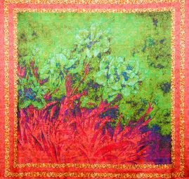 Atlas motiv fragmenty květin a listů zelená/růžová