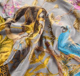 Žakárová látka gepard,opice, papoušek šedá